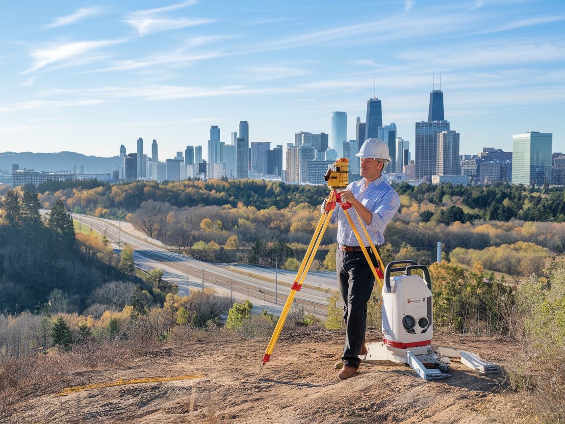 Geodeta pracujący w terenie z nowoczesnym sprzętem pomiarowym